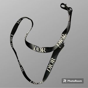 DIOR Logo Lanyard Black White Ribbon With Black Tone Metal Sunglasses Holder
